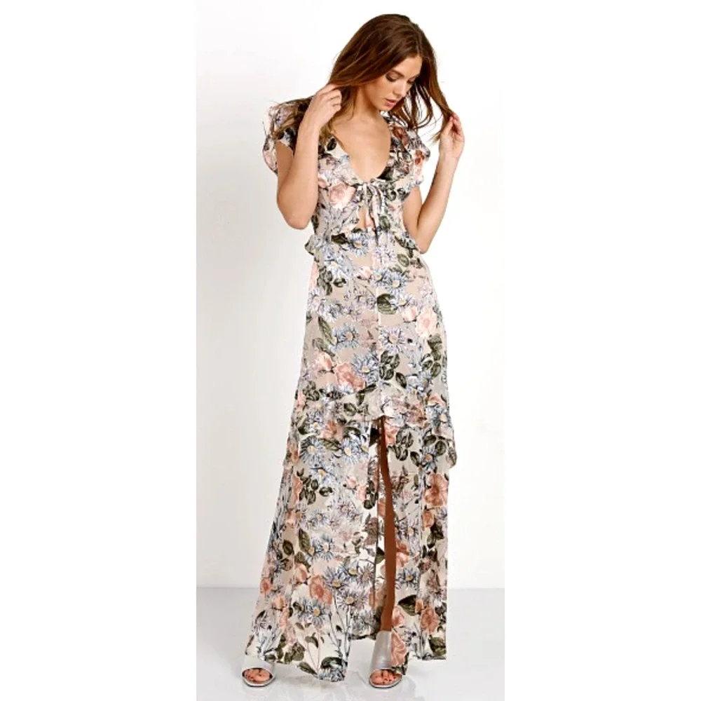 NWT! For Love&Lemons L Floral Luciana Silk Burnout Maxi Dress Backless Pink Tan - Picture 1 of 8